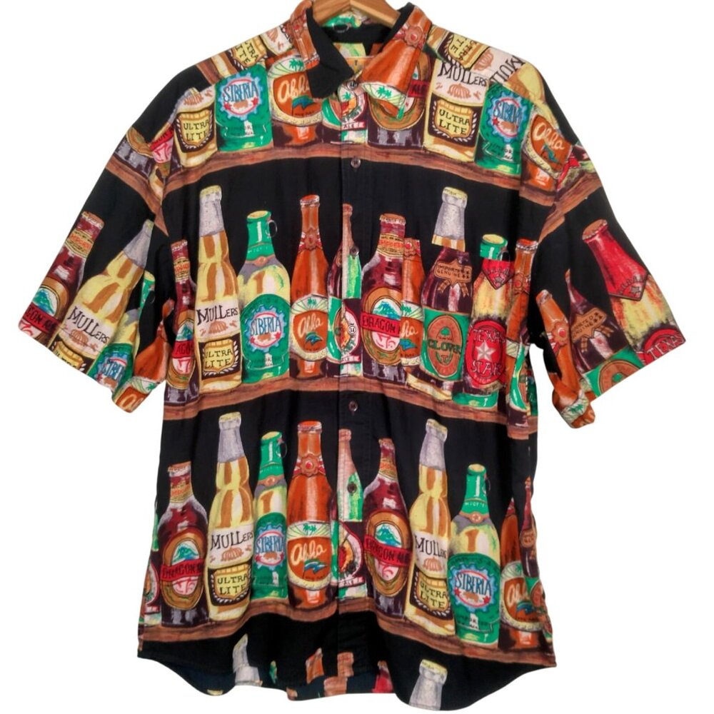 Sergio Valente Beer Shirt Men Large Black Party Brew Bottles Aloha Button Up - Picture 2 of 10